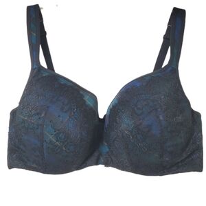 Cacique By Lane Bryant Smooth Balconette Underwire Bra Blue Plaid &‎ Black Lace
